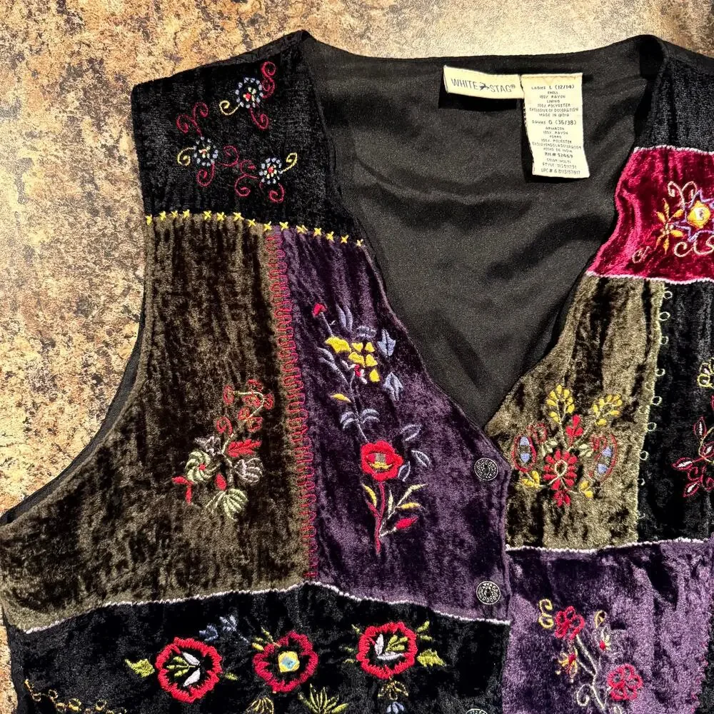 Vest Velour Embroidered Floral Black L Boho Patchwork Artsy Festival 90s Hippie - Picture 5 of 9